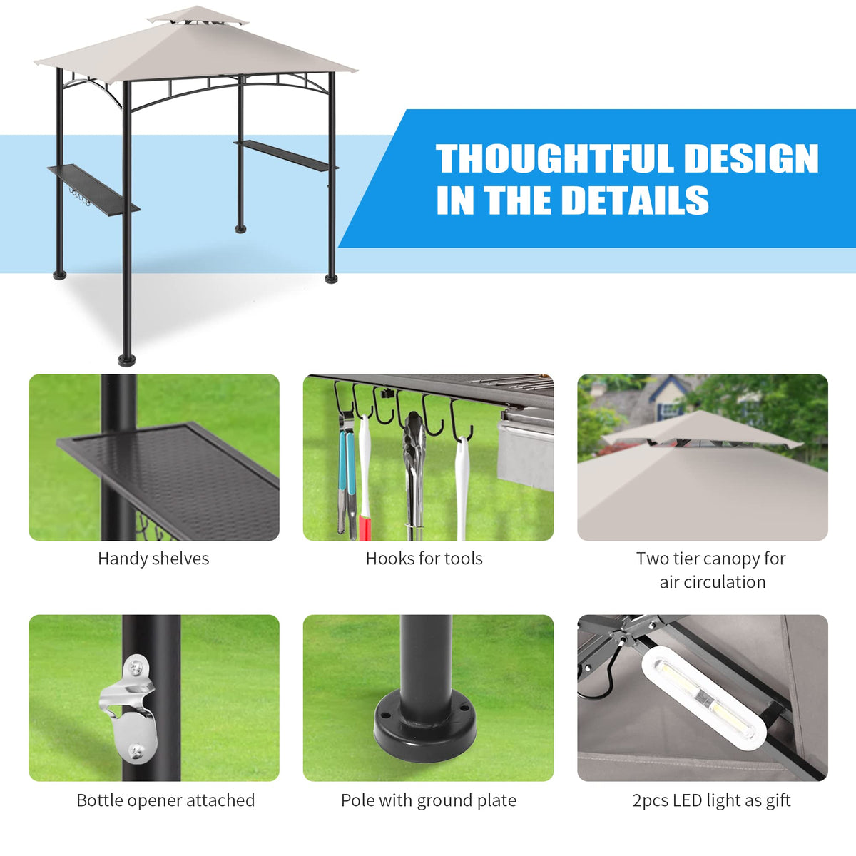 FAB BASED 5x8 Grill Gazebo Canopy for Patio, Outdoor BBQ Gazebo with Shelves & Extra 2 LED Light(Grey) FAB BASED