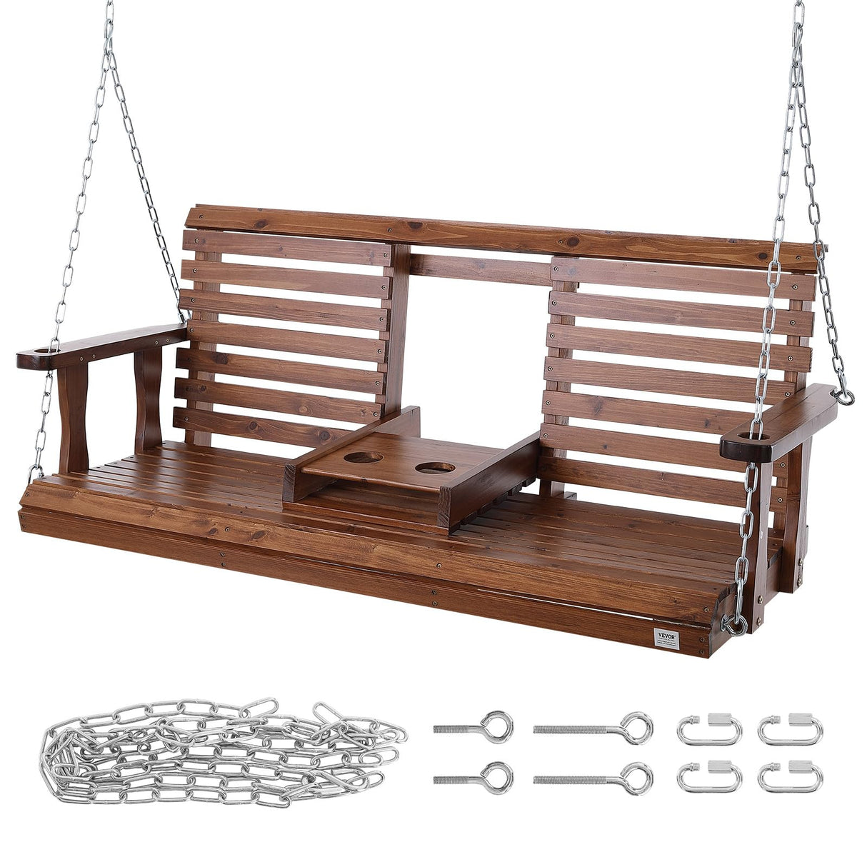 VEVOR Wooden Porch Swing 5 ft, Patio Bench Swing for Courtyard & Garden, Upgraded 880 lbs Strong Load Capacity, Heavy Duty Swing Chair Bench with Hanging Chains for Outdoors, Brown VEVOR