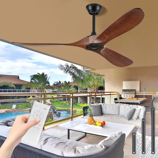 BOOSANT 52" Ceiling Fans Without Lights, Solid Wood Ceiling Fan with Remote Control and DC Motor, Ceiling Fan no Light with 3 Blades, Indoor Outdoor Ceiling Fans for Patios, Bedroom- Dark Walnut