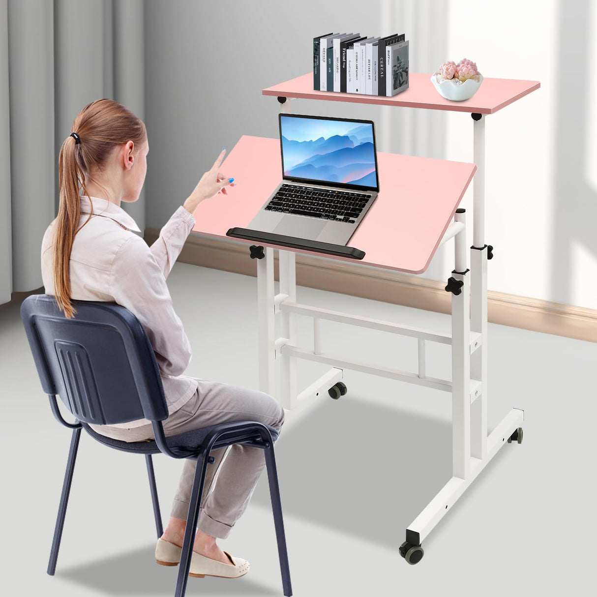 LEYSRIS Mobile Standing Desk Stand up Computer Desk Workstation with Universal Wheels, Adjustable Height Dual Desktop Tilting Panel Rolling Computer Cart (Pink) LEYSRIS