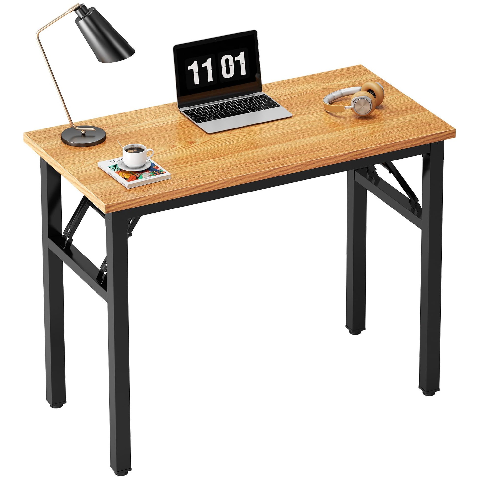 Need Small Computer Desk 31.5 inches Folding Table No Assembly Sturdy Small Writing Desk Folding Desk for Small Spaces, Teak Color Desktop and Black Steel Frame - WoodArtSupply