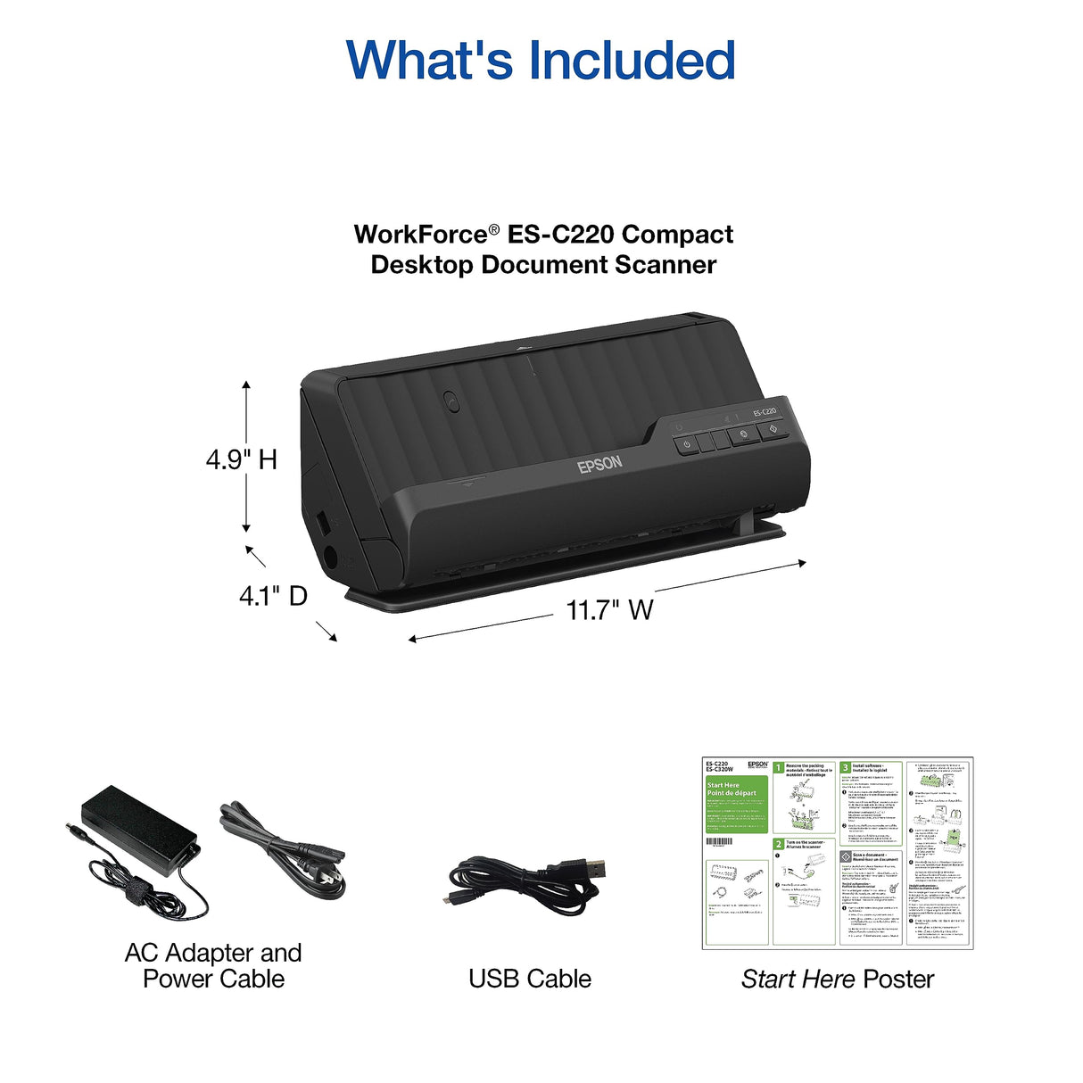 Epson Workforce ES-C220 Compact Desktop Document Scanner with 2-Sided Scanning and Auto Document Feeder (ADF) for PC and Mac Epson