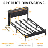 Furnulem Full Bed Frame with LED Lights,Headboard with Charging Station and USB Port,Upholstered Platform Bedframe Metal Support,No Box Spring Needed (Full) Furnulem