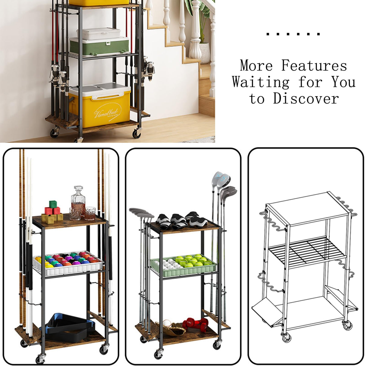 ZHOOGE Fishing Rod Holders for Garage, Fishing Pole holders Fishing Pole Rack Holds up to 8 Rods and Reel Combos, Fishing Gear Equipment Organizer Storage Solution for Garage Basement or Indoor ZHOOGE