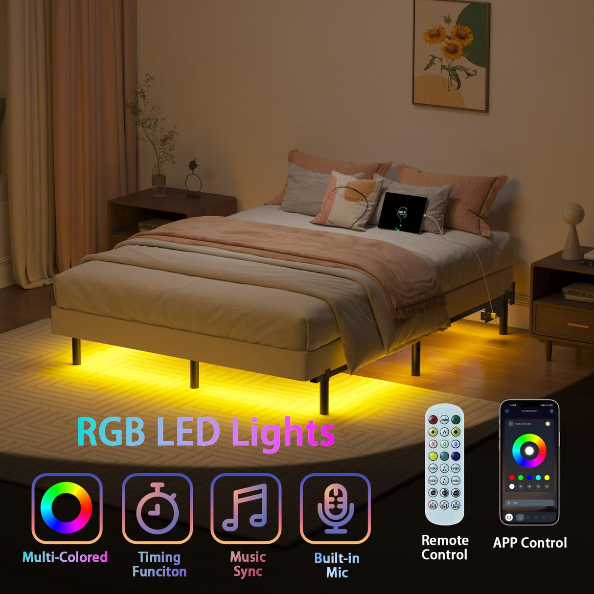 Bed Frame with Charging Station, Queen Bed Frame with LED Lights, 7 Inch High 9-Leg Support Sturdy Bed Base for Box Spring and Mattress, Easy Assembly, Black SHLAND