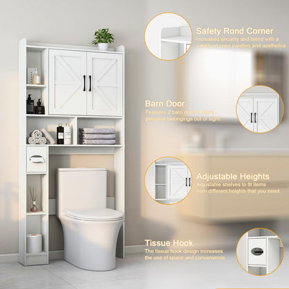 Over The Toilet Storage Cabinet, Farmhouse Storage Cabinet Over Toilet with 2 Barn Door & Toilet Paper Holder Stand，Home Space-Saving Toilet Rack, for Bathroom, Restroom, Laundry