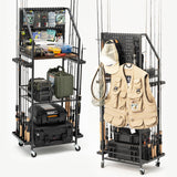 SOYEEZE Fishing Rod Holders for Garage with Pegboard and Lockable Wheels, 3-Tier Fishing Pole Rack with 10 Hooks, Fishing Gear Tackle Box Organizer Up to 12 Rods, Rolling Fishing Storage Cart SOYEEZE
