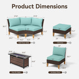 GREEN PARTY 7 Pieces Wicker Patio Furniture Set with 56" Fire Pit Table, All-Weather Outdoor Rattan Patio Half-Moon Curved Sectional Sofa Conversation Set with 4" Thick Cushions for Backyard (Blue) GREEN PARTY