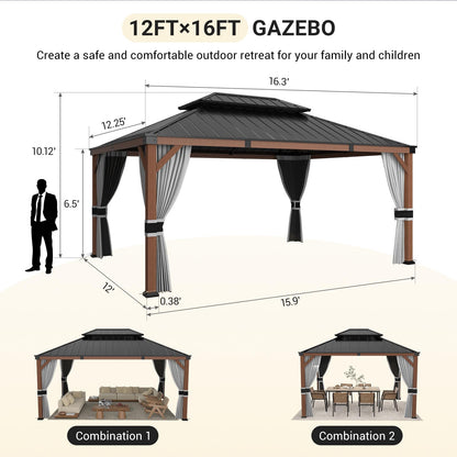VONZOY Hardtop Gazebo 12x16, Wooden Coated Outdoor Gazebo with Galvanized Steel Double Roof, Aluminum Frame Pavilion, Pergola for Patio Lawn, Backyard, Deck, Curtains and Netting Included, Grey