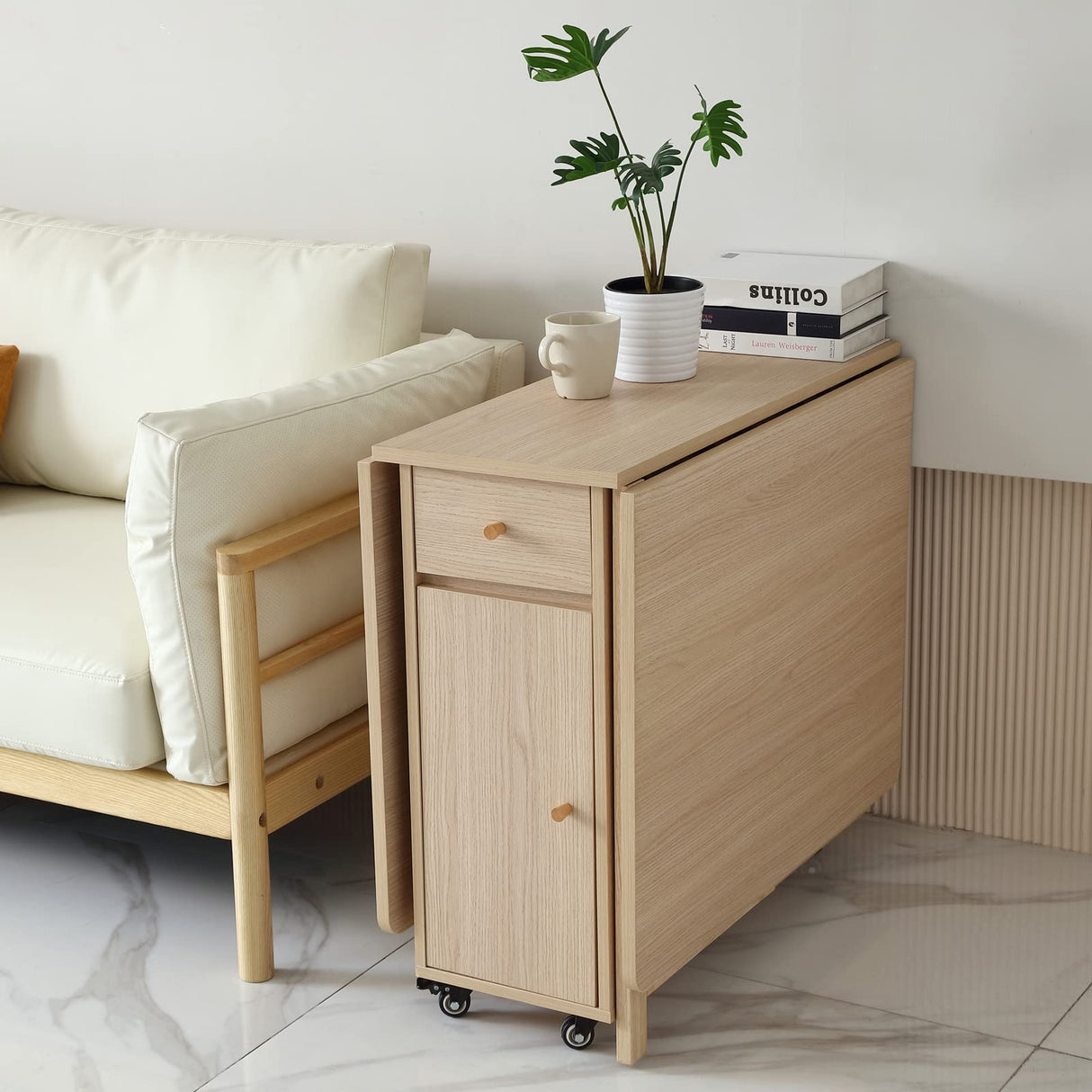 COMUHOME Extendable Drop Leaf Folding Dining Table with 2 Drawers and 4 Wheels for Living Room Kitchen Farmhouse Space Saving Table in Wood Color COMUHOME