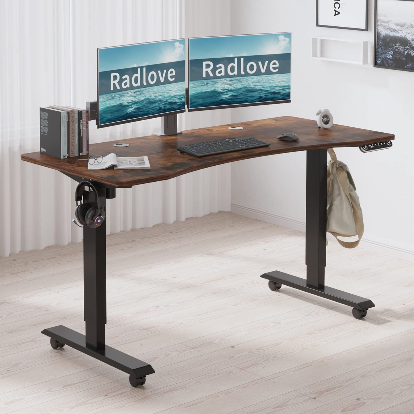 Radlove Electric Height Adjustable Standing Desk, 55'' x 30'' Stand Up Desk Workstation, Splice Board Home Office Computer Standing Table Height Adjustable Computer Desk Rustic Brown Top+Blac - WoodArtSupply