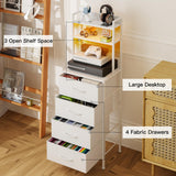 Fixwal 47 Inch Tall Nightstand with Charging Station, Led Night Stand with Socket, 4 PU Finished Fabric Storage Drawers, Office, Bedside Table & Bookshelf in One, White Fixwal