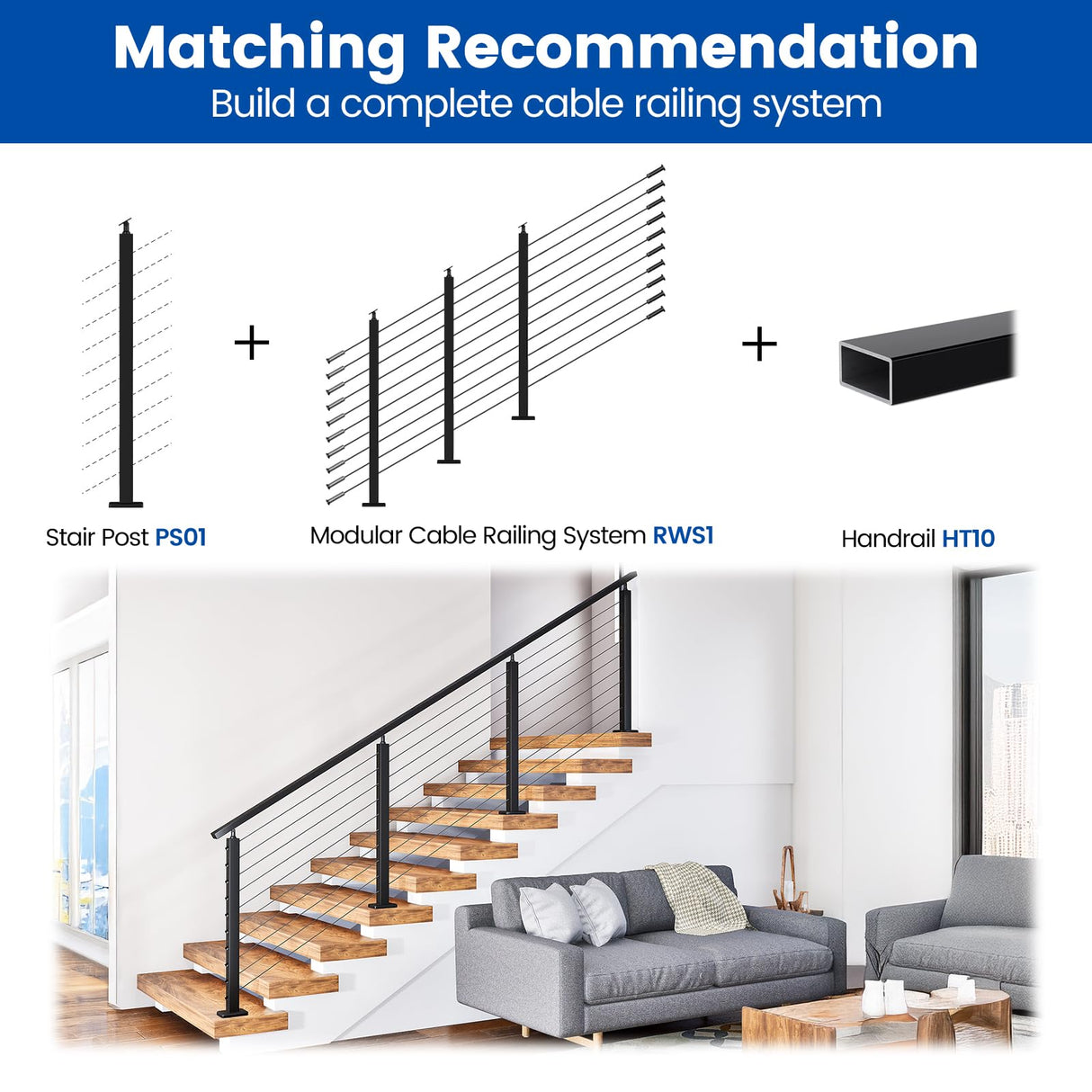 Muzata Black Stair Cable Railing Post 36 Inch for 25-35 Degrees Stair 36"x2"x2" Surface Mount T304 Stainless Steel Cable Railing System Kit Indoor Outdoor with Paper User Guide PS01 BA4S Muzata