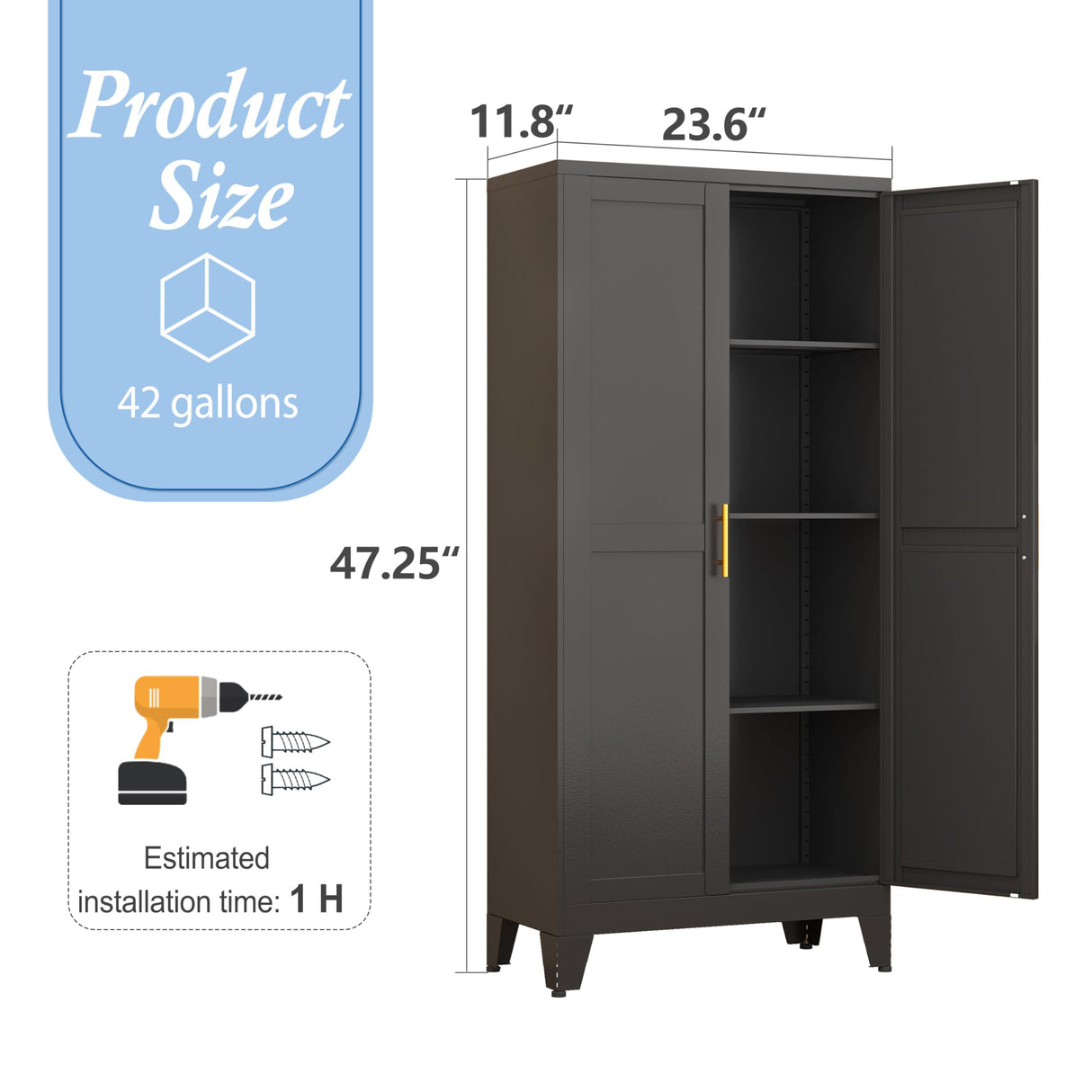 RISTERN Black Metal Storage Cabinet, 48" Steel File Cabinet for Home Office, Kitchen Pantry Storage Cabinet with Doors and 3 Adjustable Shelves, Tool Cabinet, for Office, Home, Garage, School RISTERN