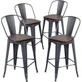 Aklaus Swivel Metal Bar Stools Set of 4 Counter Height Stools Counter Bar Stools with Back Swivel Metal Bar Chairs Wooded Seat 26 Inch Matte Black barstools Aklaus