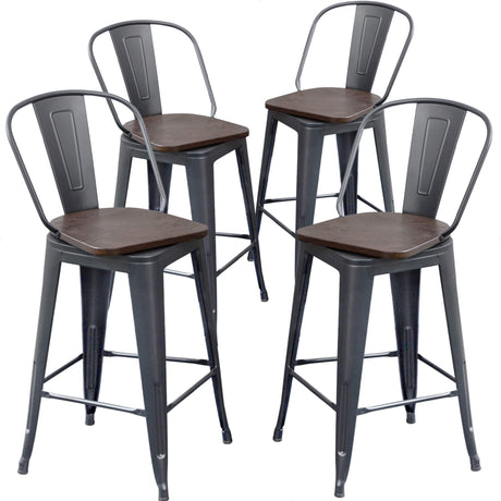Aklaus Swivel Metal Bar Stools Set of 4 Counter Height Stools Counter Bar Stools with Back Swivel Metal Bar Chairs Wooded Seat 26 Inch Matte Black barstools Aklaus