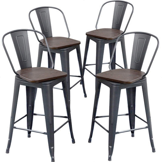 Aklaus Swivel Metal Bar Stools Set of 4 Counter Height Stools Counter Bar Stools with Back Swivel Metal Bar Chairs Wooded Seat 26 Inch Matte Black barstools - WoodArtSupply