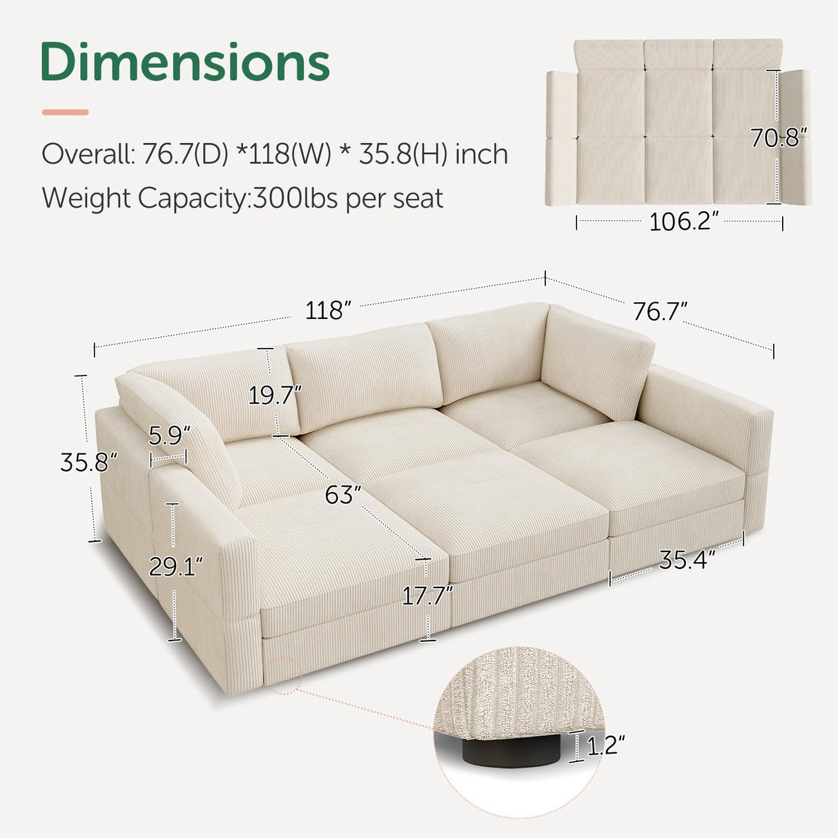 HONBAY Modular Sectional Sofa with Storage Corduroy Sectional Sleeper Sofa Modular Sectional Couches for Living Room,Beige HONBAY