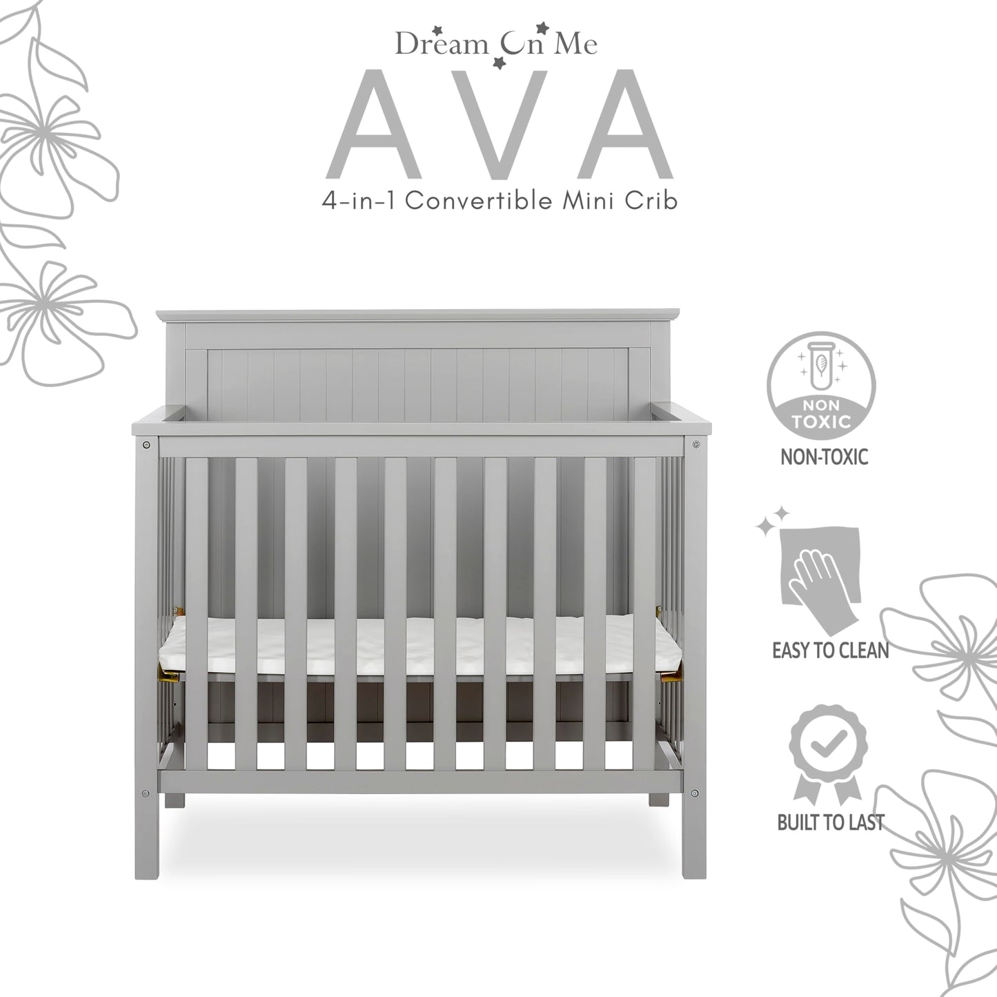 Dream On Me Ava 4-in-1 Convertible Mini Crib in Pebble Grey, 635-PG, Greenguard Gold Certified, Non-Toxic Finish, Comes with 1" Mattress Pad, with 3 Mattress Height Settings