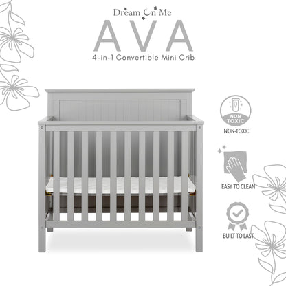 Dream On Me Ava 4-in-1 Convertible Mini Crib in Pebble Grey, 635-PG, Greenguard Gold Certified, Non-Toxic Finish, Comes with 1" Mattress Pad, with 3 Mattress Height Settings