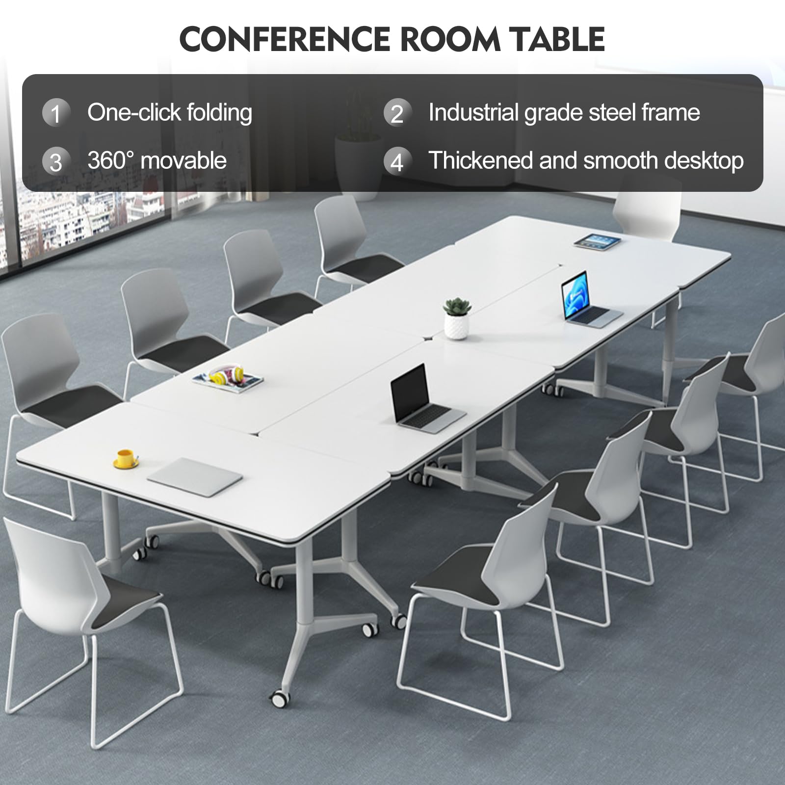 Folding Conference Table 4PCS Long Folding Table 5.2FT Modern Large Mobile Meeting Table Conference Room Tables with Silent Wheels Seminar Table for Office Training Classroom (63" * 23.6" * 2 - WoodArtSupply