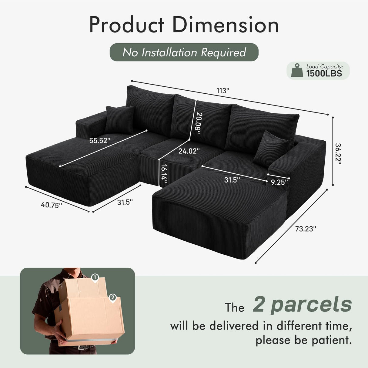 Boneless Sectional Cloud Couch Sofa for Living Room, 112" U-Shaped Modular Modern Lounge Sleeper Black Couches with Chaise, No Assemble, Cordury Compression Upholstered Sofas Gericco