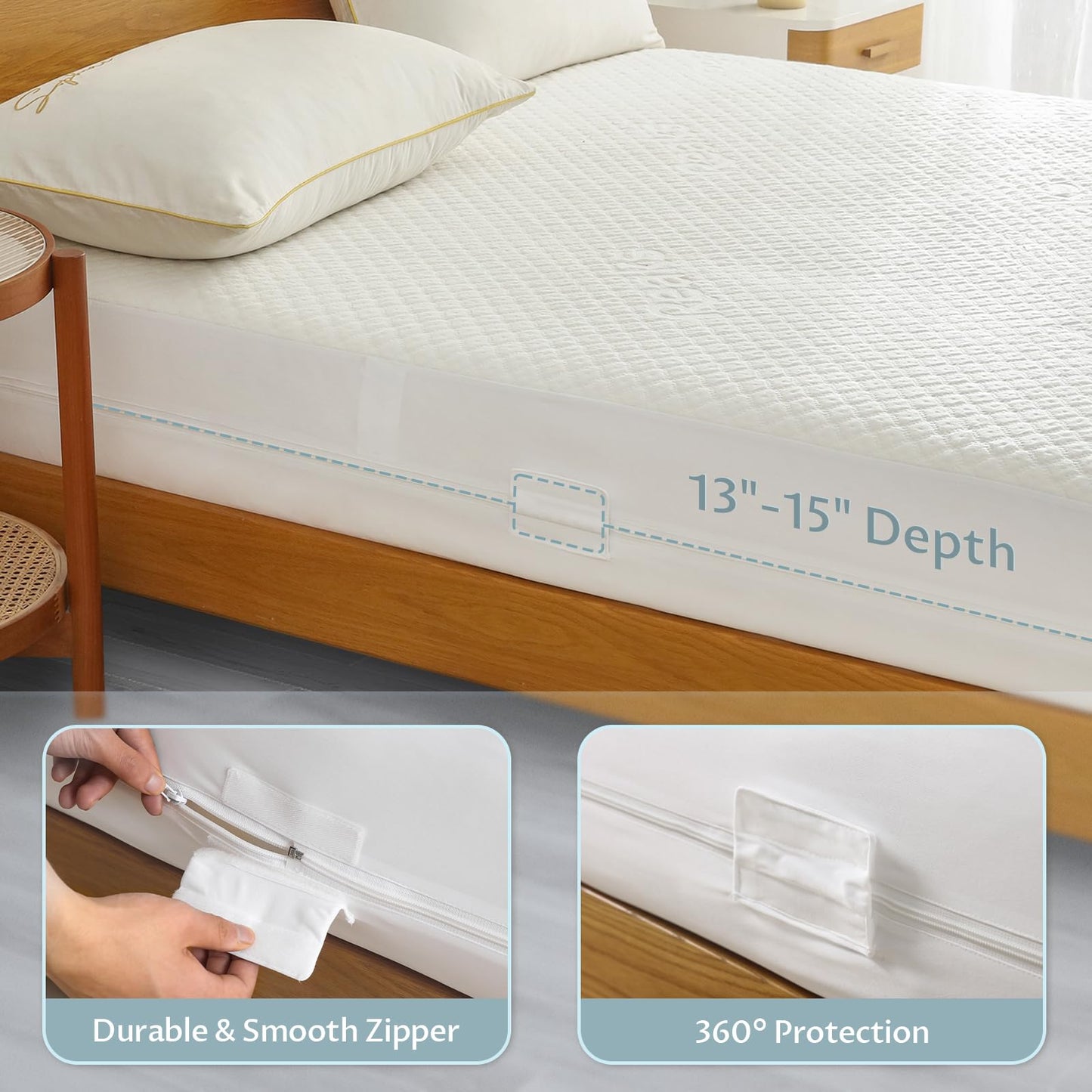 King Size Bamboo Rayon Mattress Protector with Zipper - 100% Waterproof Zippered Mattress Cover - Soft & Cooling Noiseless Bed Mattress Covers - Top Removable Mattress Encasement 13-15" Deep