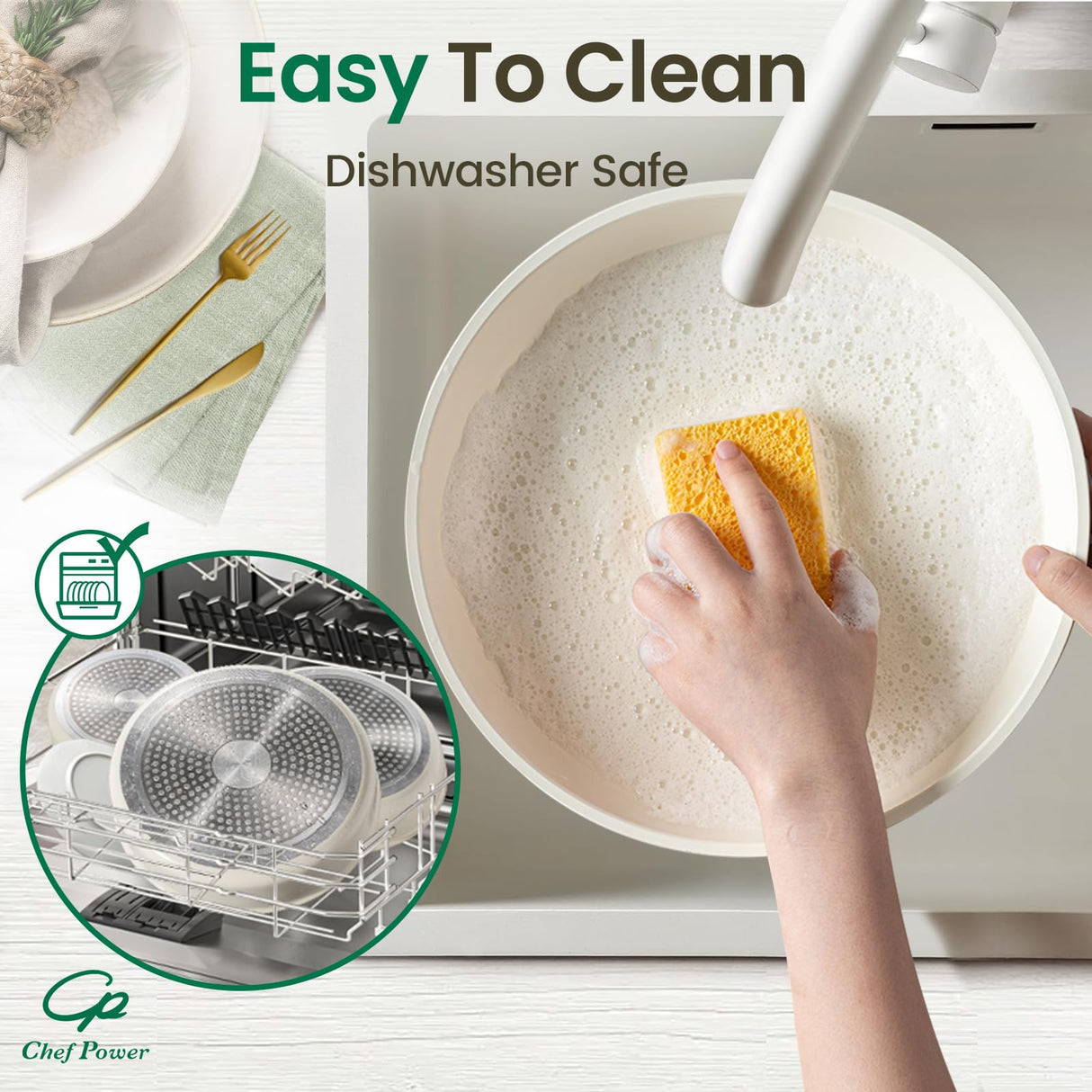 Chef Power Ceramic Cookware Set Non Toxic with Detachable Handles, Healthy Nonstick Pans and Pots Set 19 Pcs, Induction Dishwasher Oven Safe Kitchen Set, PFAS PFOA & PTFE Free, Cream White Chef Power