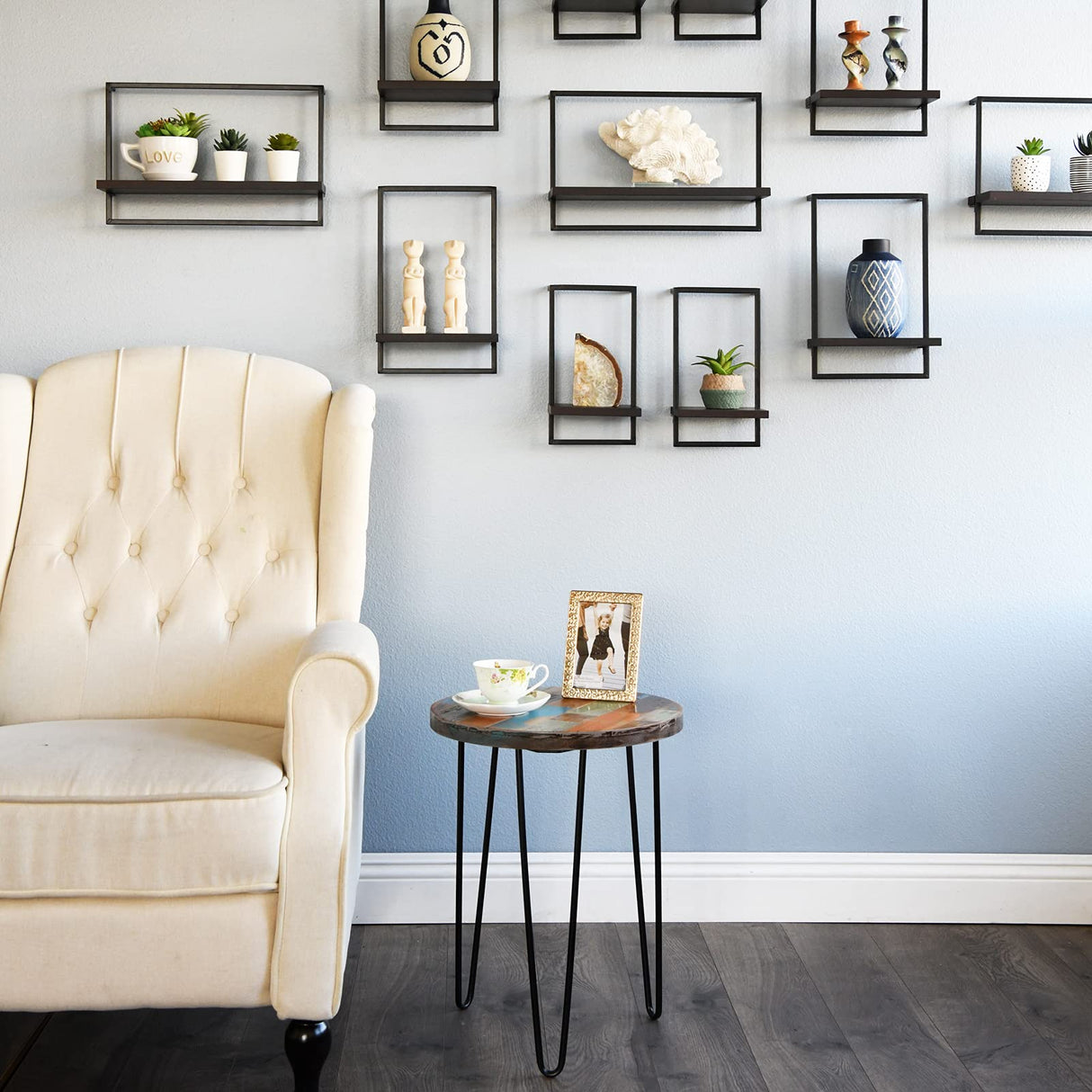 WELLAND Side Table Reclaimed Wood, Round Hairpin Leg End Table, Night Stand, Recycled Boat Wood, 20" Tall WELLAND