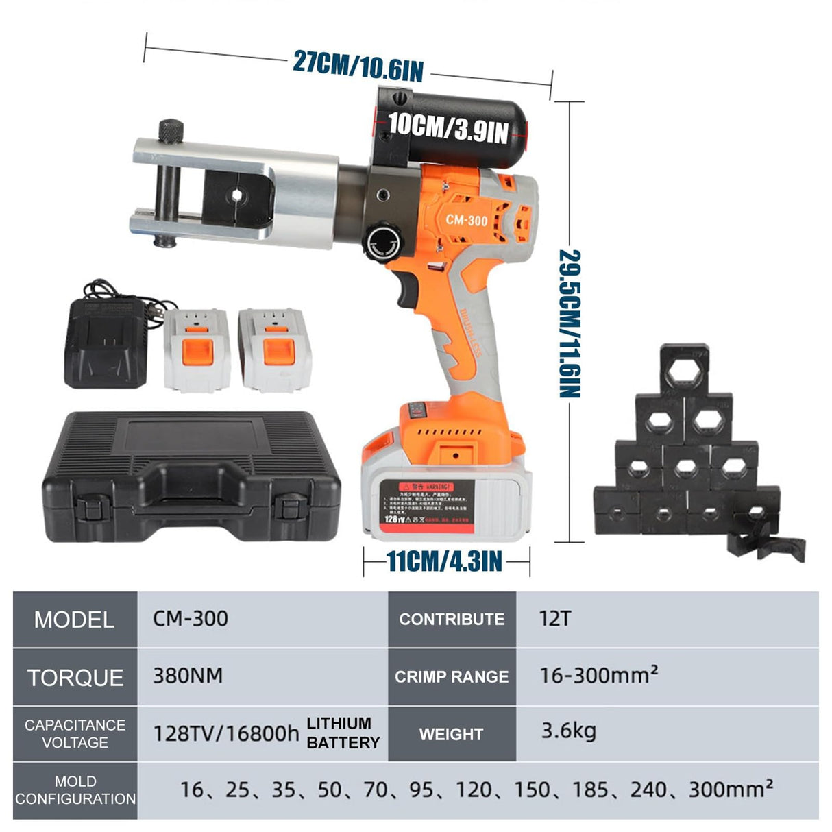 Hydraulic Crimping Tool Set,18V/4.0Ah Electric Hydraulic Crimping Pliers Rechargeable 16-300mm² Battery Powered Cable Crimping Tool Terminal Crimping Plier, 295x270x110mm LYAYYDS