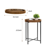 Small Wicker Round End Table, 16.5 in Rattan End Tables with Removable Tray, Waterproof Sofa Coffee Side Table, Indoor Outdoor Side Tables for Patio, Living Room Bedroom Office DINGTAI