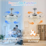 Zynfandor 48" Bluetooth Ceiling Fan with Light and Speaker,RGB Retractable Blades Crystal Fandelier Music Player LED Chandelier 6-Speed APP Control Timer Remote Control for Bedroom Silver Zynfandor