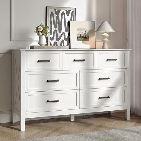 BAZELOR Farmhouse 7 Drawers Dresser for Bedroom, Wood Rustic Wide Chest with Metal Handles, Storage Dressers Organizer for Bedroom, Hallway, Entryway, White BAZELOR
