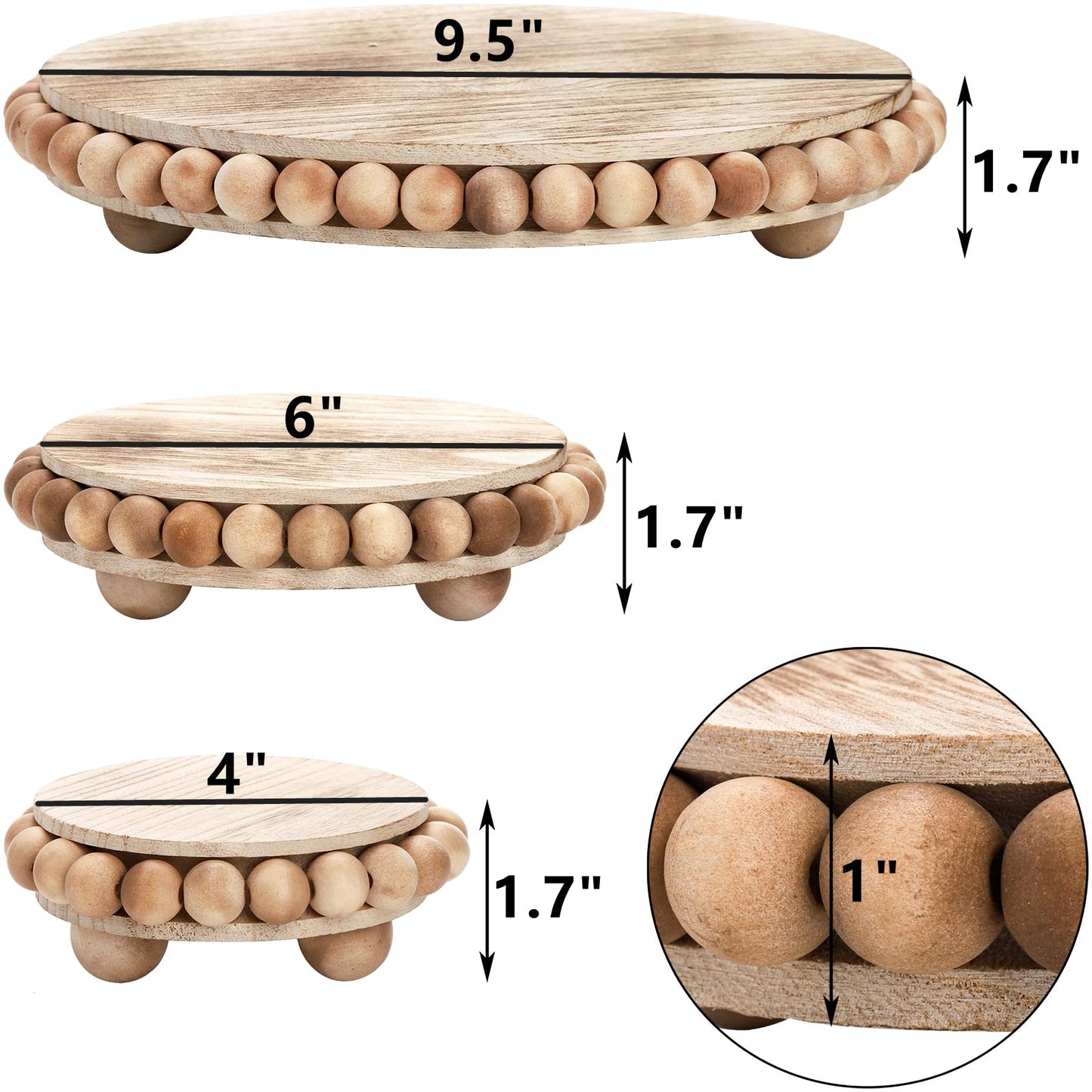 Peohud Set of 3 Wood Risers for Display, Farmhouse Wooden Pedestal Stand, Rustic Stool Plant Pot Holder, Beaded Display Riser for Tiered Tray Home Kitchen Counter Table Decor, 9.5/6/4 Inches