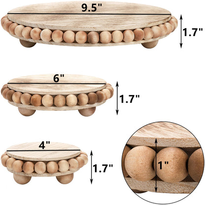 Peohud Set of 3 Wood Risers for Display, Farmhouse Wooden Pedestal Stand, Rustic Stool Plant Pot Holder, Beaded Display Riser for Tiered Tray Home Kitchen Counter Table Decor, 9.5/6/4 Inches