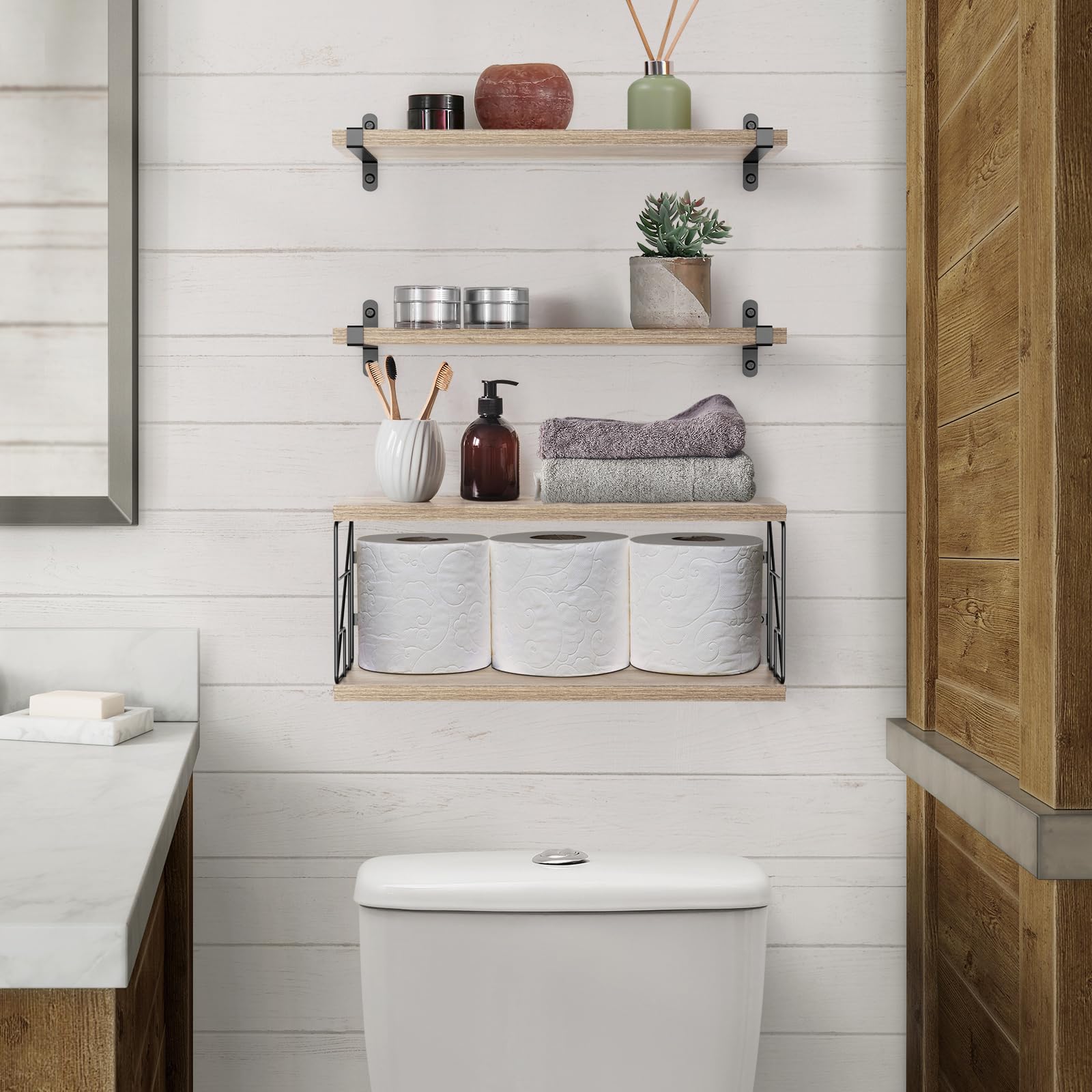 TJ.MOREE Bathroom Shelves Over Toilet Floating Shelves for Wall Rustic with Toilet Paper Wire Basket, Farmhouse Floating Shelf for Bedroom, Living Room, Kitchen, Wall Decoration (Ivory Brown) - WoodArtSupply