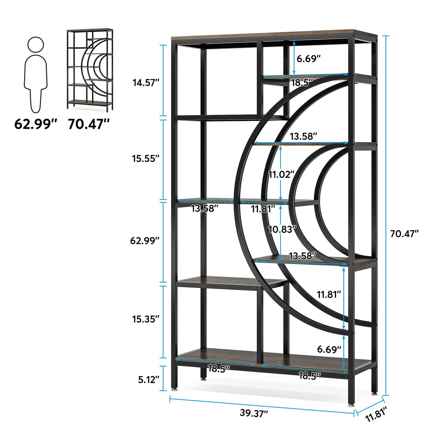 Tribesigns 71 in Geometric 8-Tier Industrial Bookshelf with Metal Frame for Home Office and Living Room - WoodArtSupply