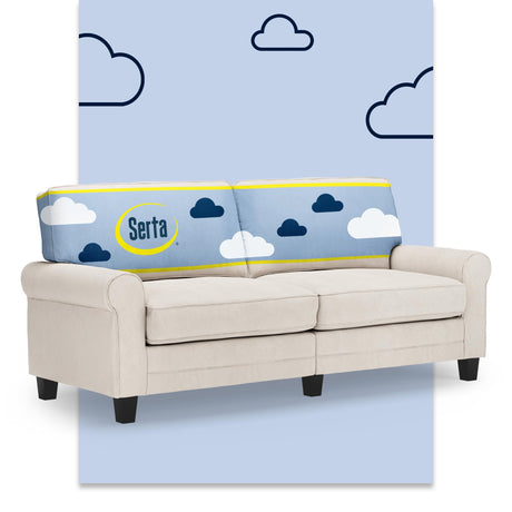 Serta Copenhagen 78" Rolled Arm Sofa, Easy Care Polyester, Soft Pillow Back, Pocket Coil Seat Cushions, Removable Covers, Loveseat or Couch for Small Spaces, Living Rooms or Bedrooms, Cream White Serta