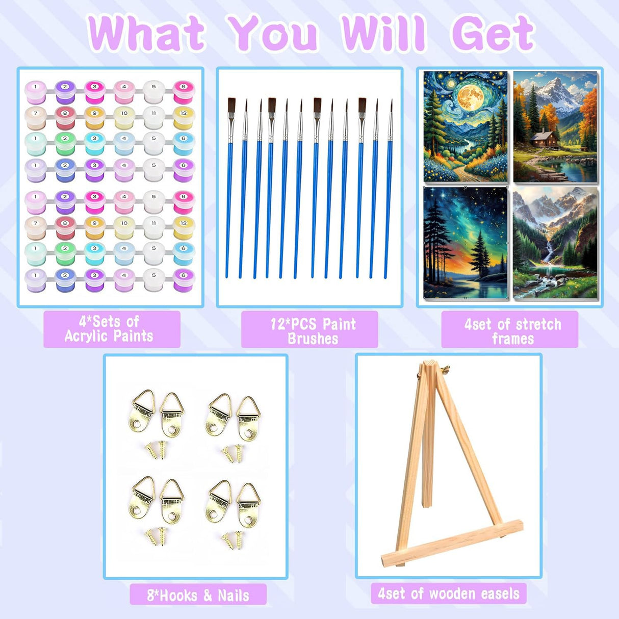 VIGEGU 4 Pack Paint by Numbers Kit for Adults with Frame,Paint by Number with Wooden Easel DIY Mountain Moon Tree Landscape Adult Paint by Number Kits for Home Decor12x16inch VIGEGU