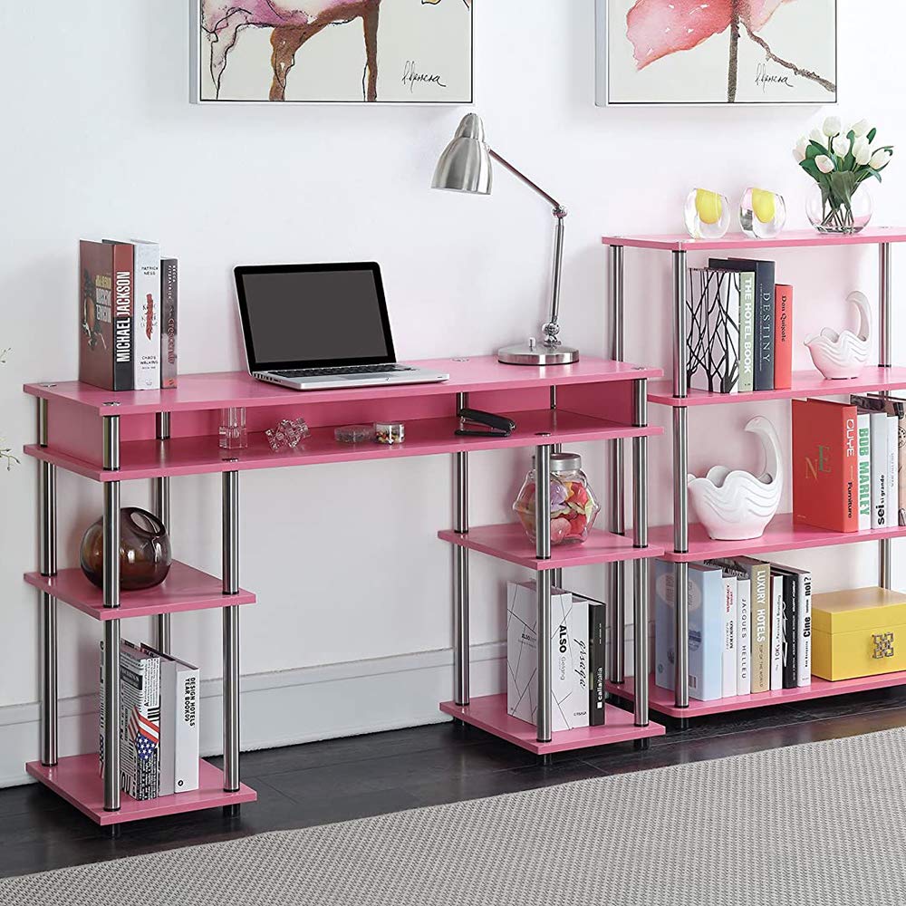 Convenience Concepts Designs2Go No Tools Desk Home Office Desk with Shelves, Corner Shelf Vanity Desk Computer Desk Nail Table for Nail Tech - 47.25" L x 15.75" W x 30" H, Pink Convenience Concepts