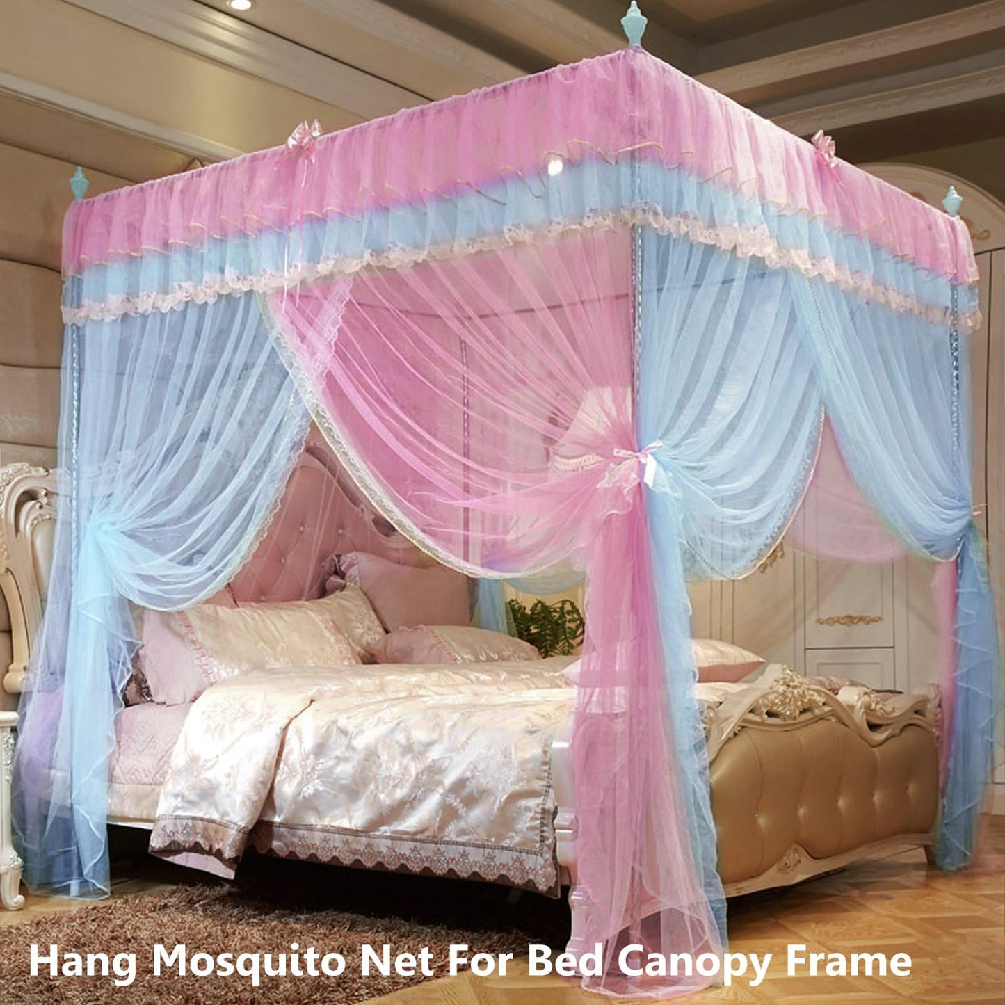 AIKASY Hollow Stainless Steel Queen Canopy Bed Frame, Four Poster Bed Frame, Canopy Bed Curtains Frame - Fits Four Corner Beds, Metal Bed Mosquito Net, Bedroom Deco