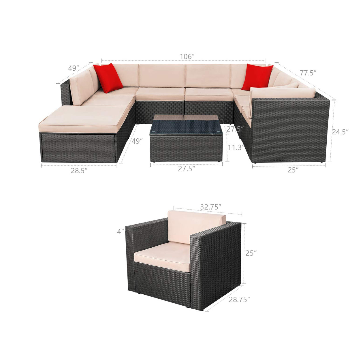 Homall 11 Pieces Outdoor Patio Furniture Sofa Set, All Weather PE Rattan Wicker Sectional Sets Modern Modular Couch Outside Conversation Set with Thick Cushions and Glass Coffee Table Homall