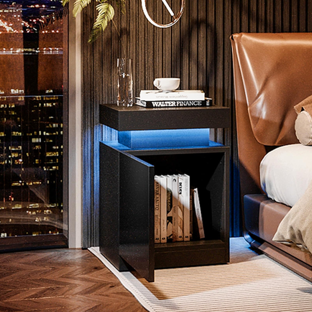 oneinmil Nightstand Set of 2, LED Nightstand with One Cabinet, Bedside Table with LED Lights, Modern End Side Table for Bedroom, Black oneinmil