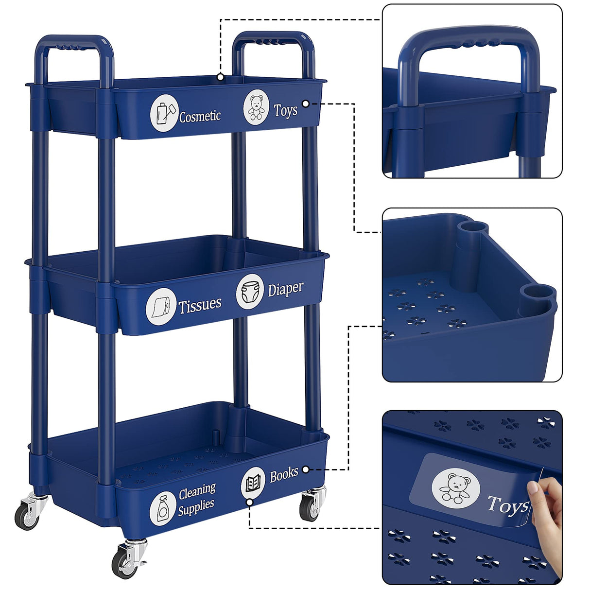 UDEAR 3-Tier Rolling Utility Cart with 12 Category Labels,Multifunctional Storage Shelves with Handle and Lockable Wheels for Room,Office,Kitchen,Bathroom,Blue UDEAR