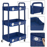 UDEAR 3-Tier Rolling Utility Cart with 12 Category Labels,Multifunctional Storage Shelves with Handle and Lockable Wheels for Room,Office,Kitchen,Bathroom,Blue UDEAR