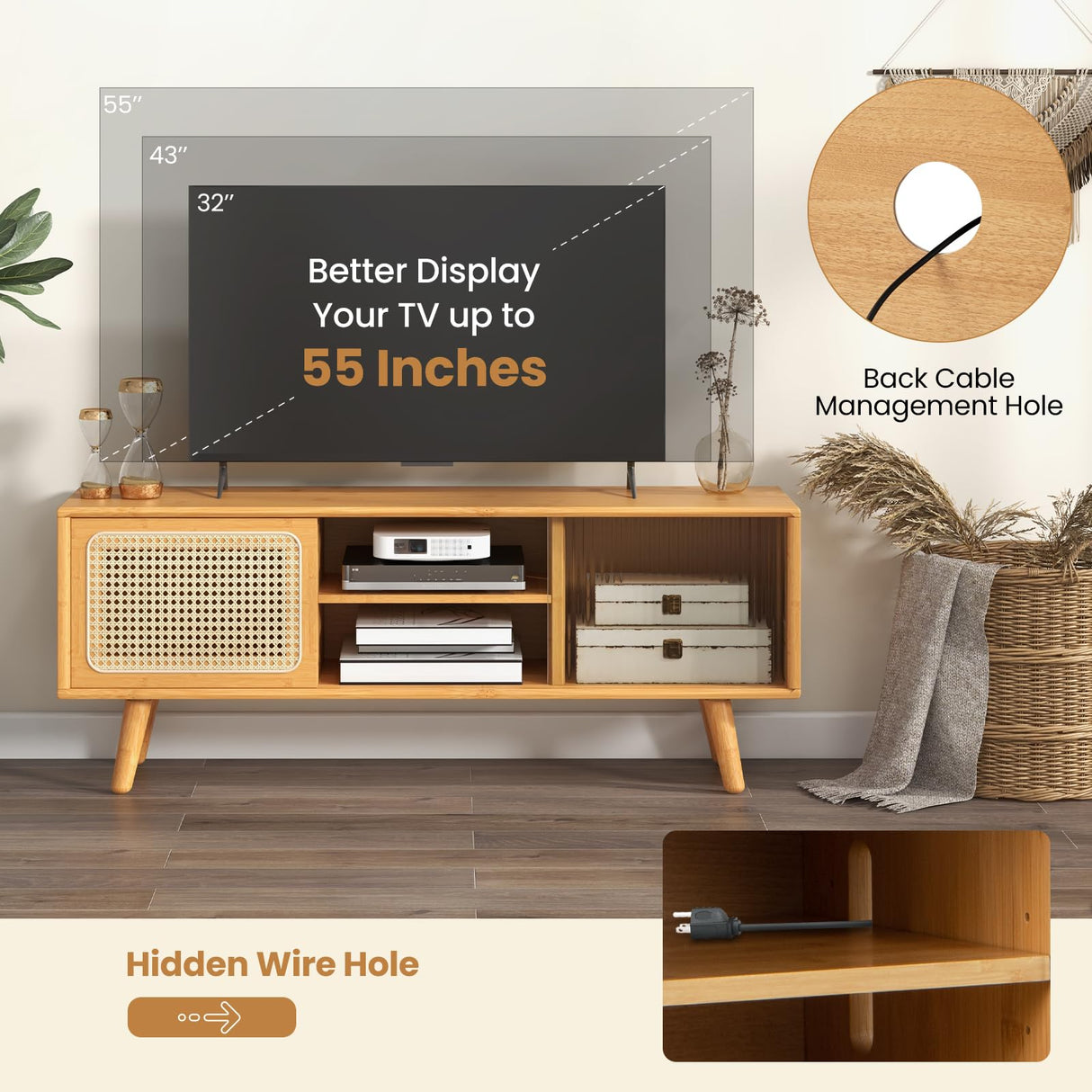 Giantex TV Stand for Living Room TVs up to 55”- Bamboo Entertainment Center with 3-Level Adjustable Shelf, Cable Management Holes, PE Rattan & Tempered Glass Sliding Door, TV Cabinet for Bedroom Giantex