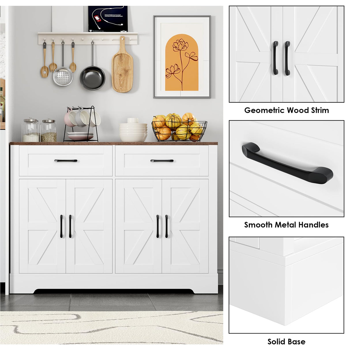 BOTLOG Farmhouse Buffet Cabinet with Storage, 47.2" Storage Cabinet with Drawers, Barn Doors, Sideboard, Bar Cabinet for Kitchen, Dining Room, Hallway, White BOTLOG