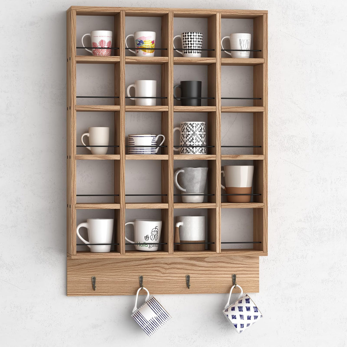 WYJREES Wooden Coffee Mug Display Rack, Wall Mounted Coffee Cup Display Shelf, Hold 24 Mugs, Rustic Shot Glass Display Case, Coffee Mug Holder Organizer for Kitchen, Coffee Station (23.6 * 29.5in) WYJREES