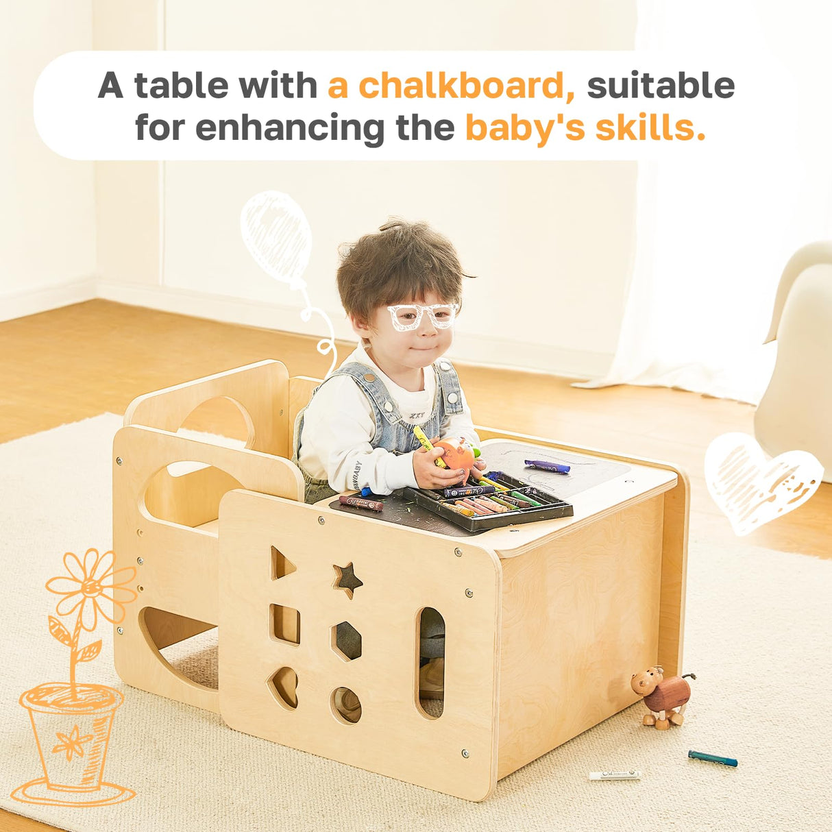 2 in 1 Montessori Weaning Table and Chair Set, Wooden Toddler Table and Chair Set with Blackboards, Adjustable Height Chair Step Stool,1-3 Year Old Kids Montessori Furniture for Boys and Girls Yojoker