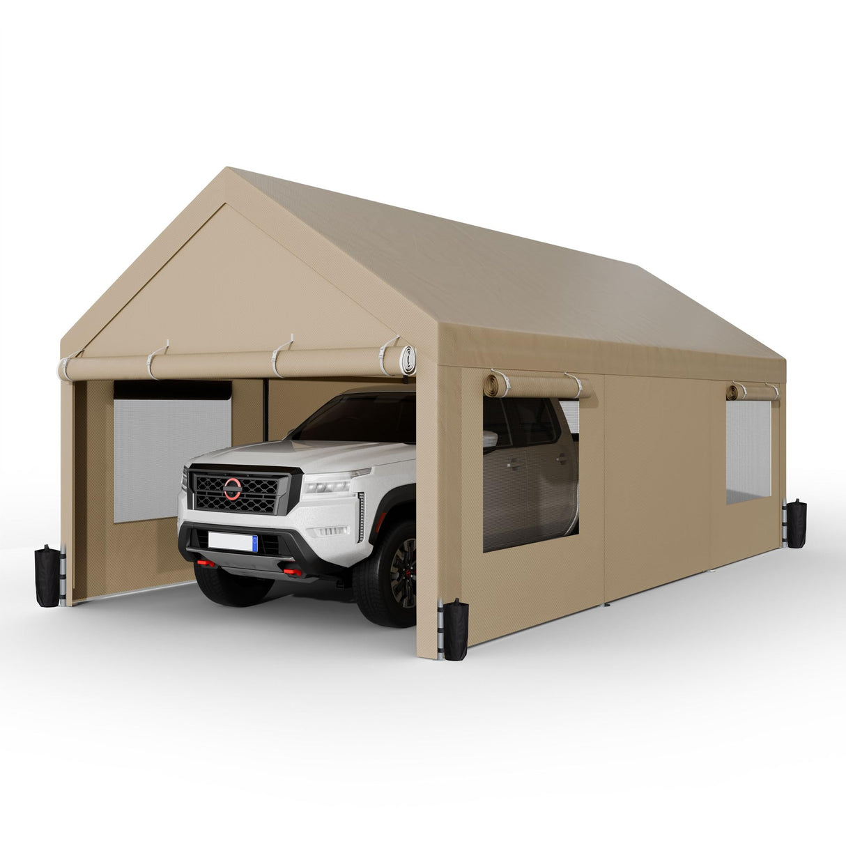 Shintenchi Carport 10' x 20' Heavy Duty Portable Garage, Car Port Canopy with Side-Opening Removable Door & Roll-Up Windows, Car Canopy for Truck, Boat, Motorcycle, Khaki Shintenchi